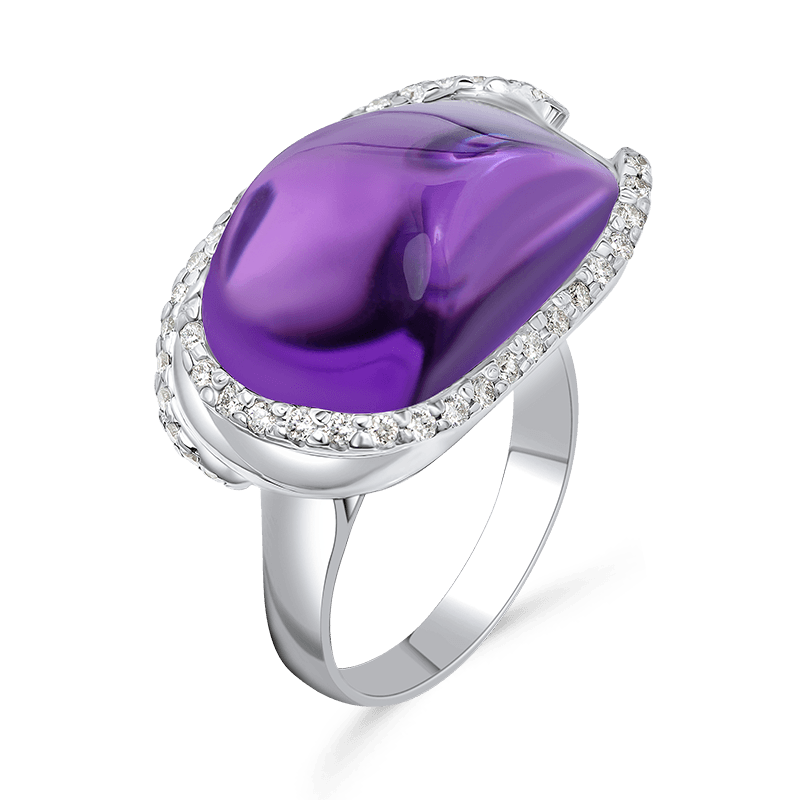 Sculpted Amethyst Cabochon Ring in White Gold