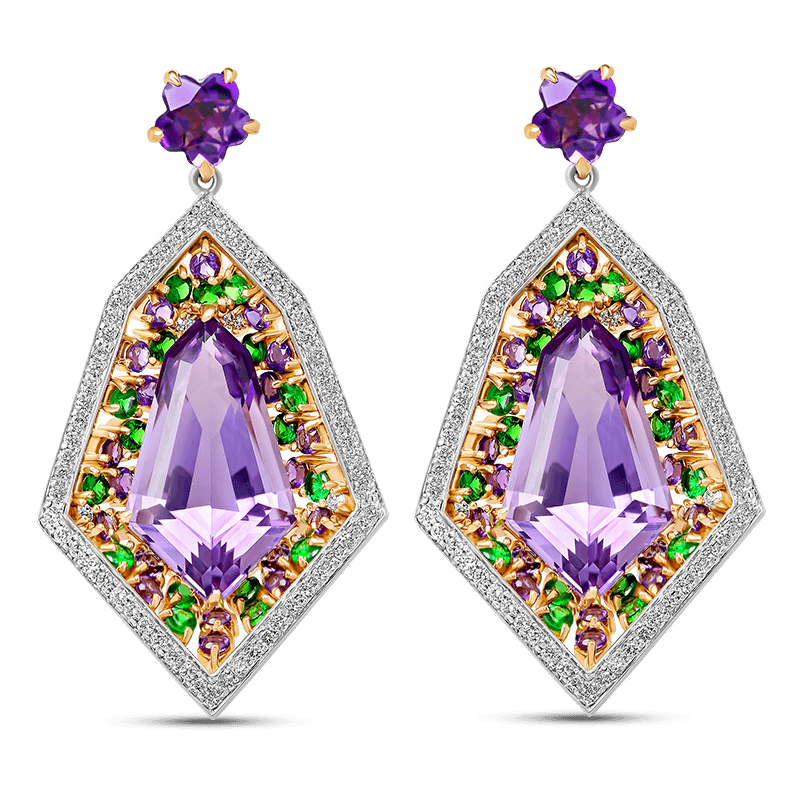 Amethyst, Tsavorite & Diamond Two-Tone Gold Drop Earrings