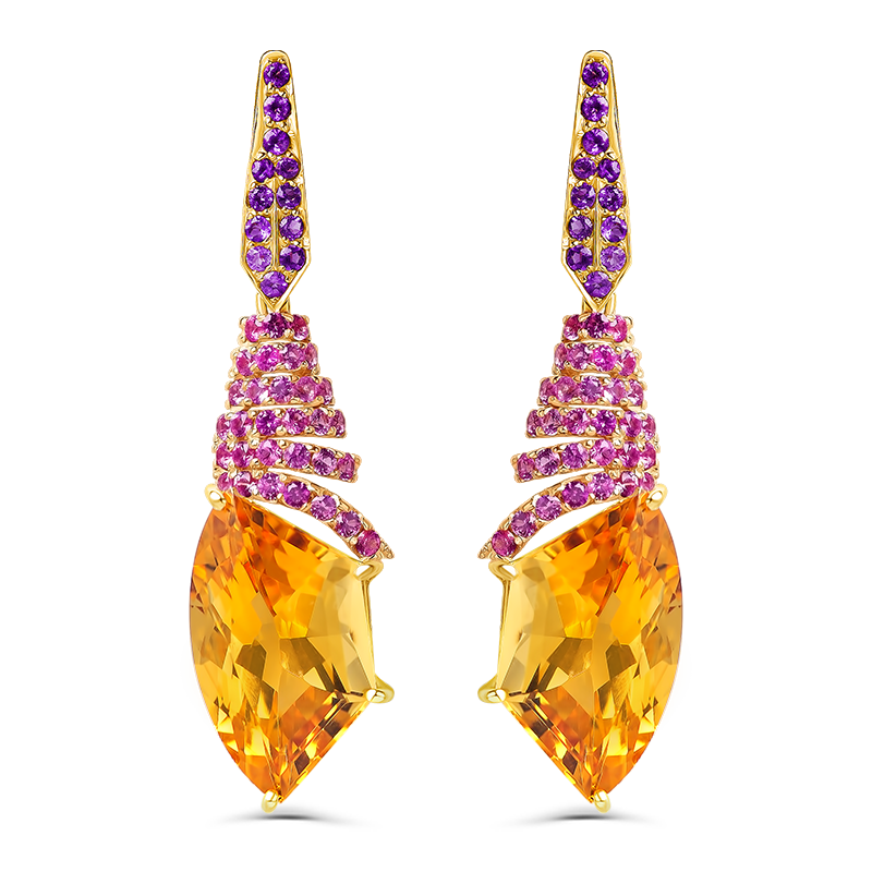 Yellow Gold Citrine, Pink Sapphire and Amethyst Drop Earrings