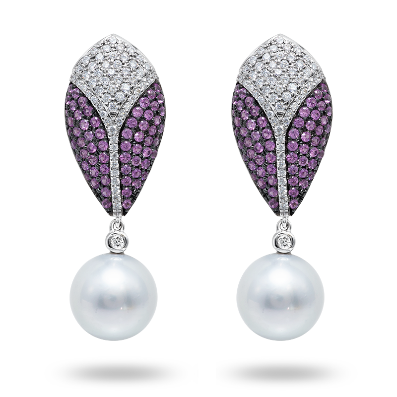 White Gold Pink Sapphire & South Sea Pearl Drop Earrings